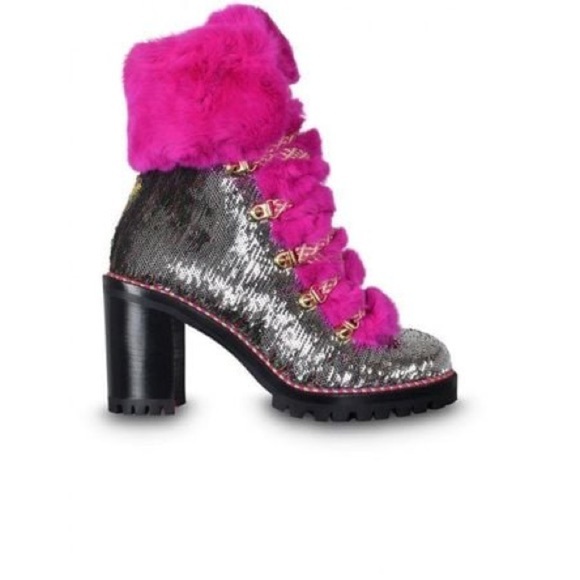 Christian Louboutin Paillettes Fanny 70 Pink Rabbit Fur Heel Combat Boots EU 37 - Picture 3 of 12
